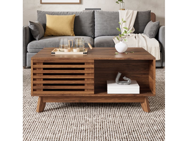  Table basse 90x55x57,5 cm avec plateau relevable, porte coulissante, table de salon, rangements, mdf, couleur noyer  - Conforama B