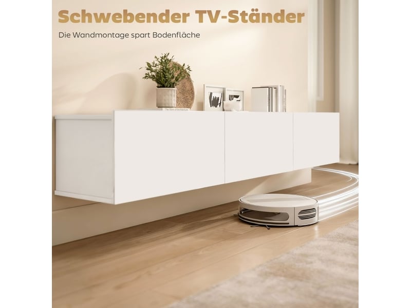  Meuble tv suspendu mural 180 cm blanc avec 3 rangements abattants en bois  - Conforama D