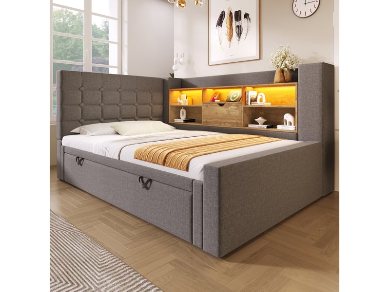  Modenvie lit gigogne 90x200 cm - led, ports usb et rangement tête de lit, sans matelas - gris  - Conforama E