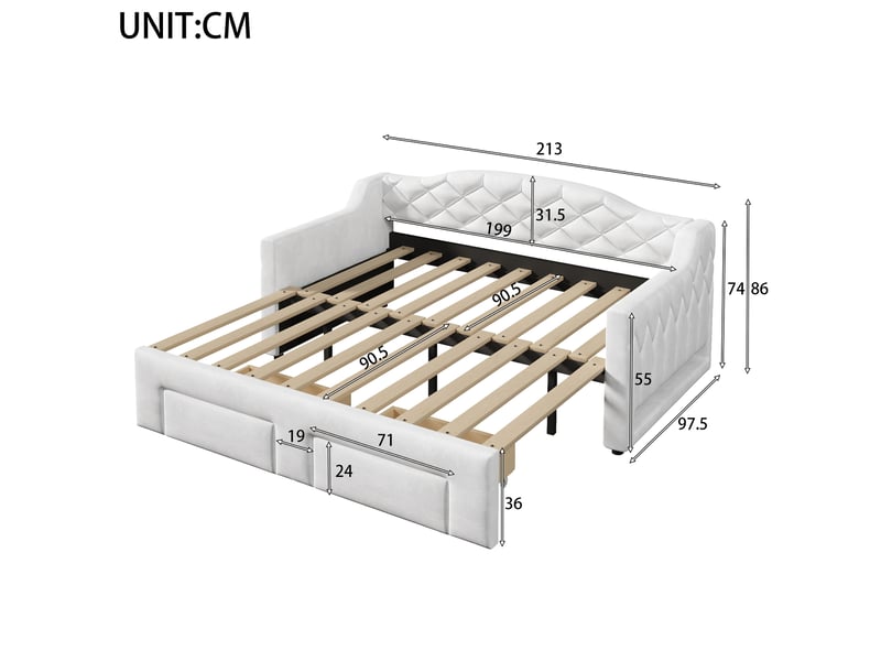 Canapé-lit extensible 90/180x200 cm, 2 tiroirs, led 7 couleurs, velours blanc, sans matelas - Conforama C