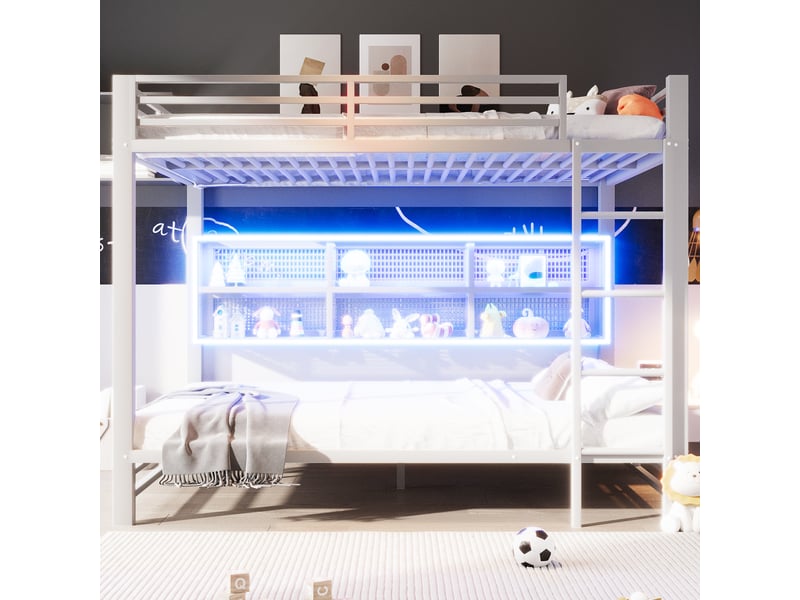 Lit superposé 140 x 200 cm, rangements, led, blanc - Conforama C