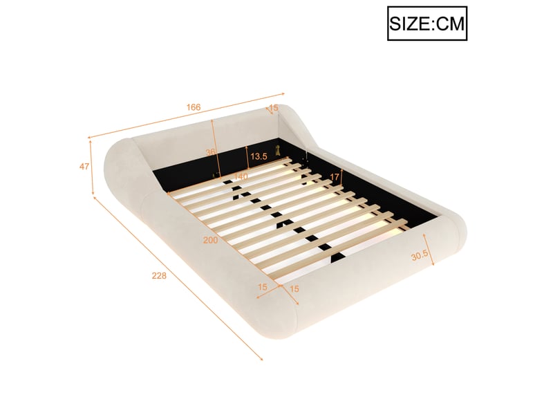 Lit 2 places 140x200 cm en velours avec tête de lit enveloppante, cadre flottant led, design arrondi moderne beige - Conforama C
