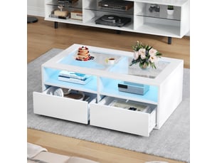 Table basse avec 2 tiroirs et 2 niches ouvertes et led, en verre et panneaux de particules, blanc - uvrion