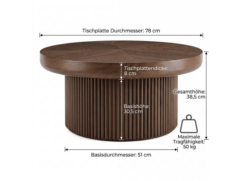 Table basse ronde cannelée, coloris noyer, 78 x 78 x 38,5 cm  - Conforama E