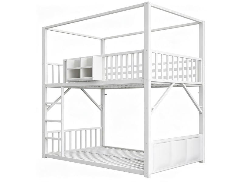 Lit superposé en métal 90x200 cm, structure avec toit, avec étagère et poche de rangement, blanc - Conforama A
