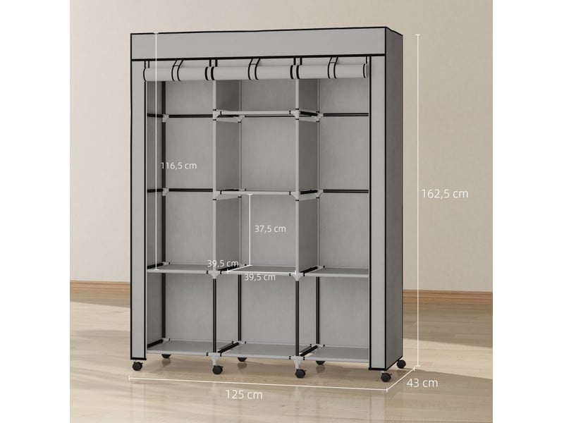  Armoire en tissu gris clair 125 x 43 x 162,5 cm, 8 étagères et 2 tringles  - Conforama C