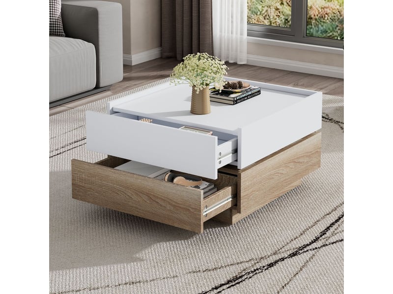  Table basse rotative 60*60*38 -sogeu- plateau 2 niveaux et rangement intégré - cadre noyer pour salon épuré (blanc)  - Conforama B