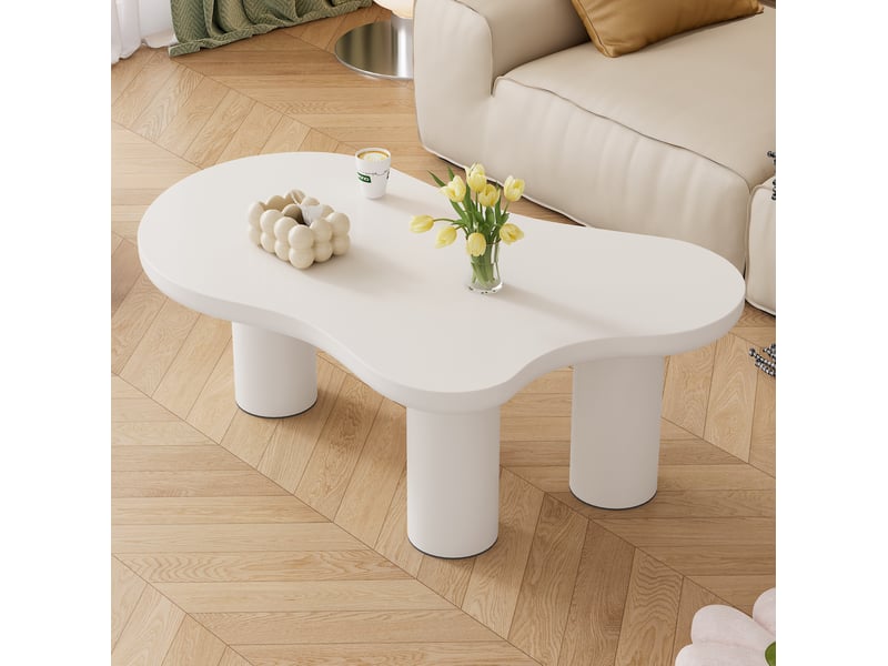  Table basse nuage 107x66x40,5 cm, plateau mdf laqué, 3 pieds pvc, patins feutre, design moderne blanc  - Conforama D