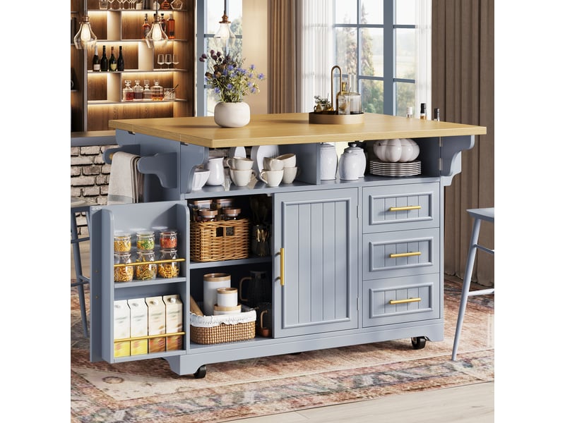 Îlot de cuisine mobile 120x40x95 cm avec plateau extensible, rangement, tiroirs, portes à motifs verticaux et table repas escamotable - bleu - Conforama B