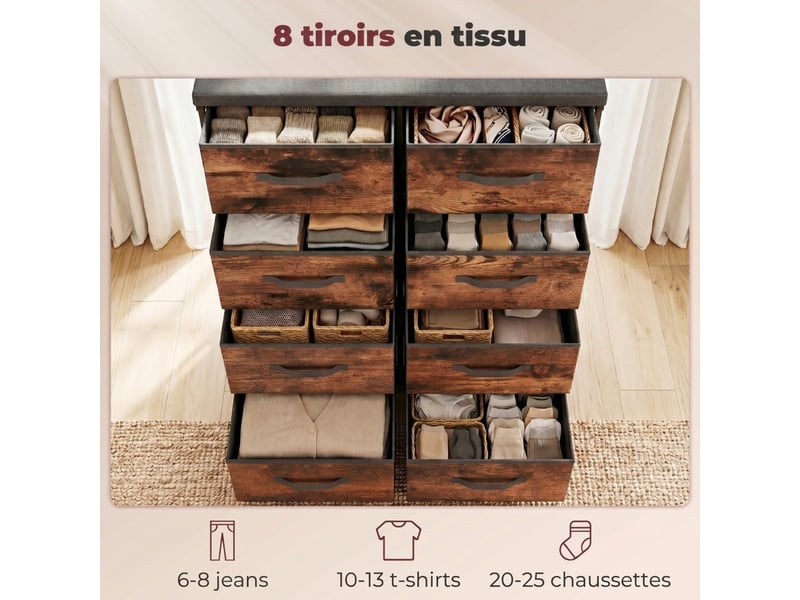  Commode en tissu 8 tiroirs avec porte-manteau, style industriel marron rustique, meuble de rangement 100 cm  - Conforama D