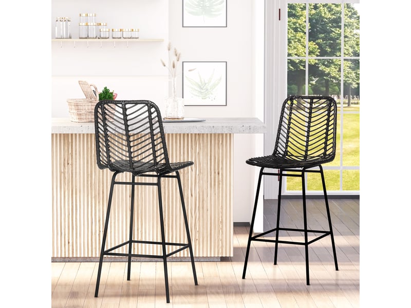  Lot de 2 tabourets de bar design bohème hauteur 66 cm avec repose-pieds métal et rotin pe - noir  - Conforama C