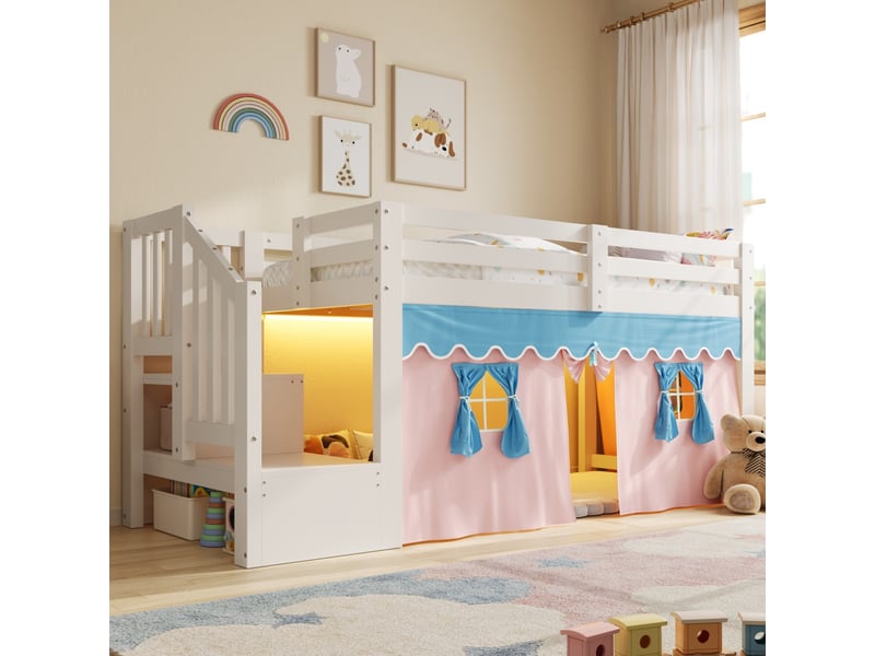  Lit enfant mi-haut 90 × 200 cm avec escalier-rangement, led réglable, rideaux occultants pour chambre, blanc  - Conforama D