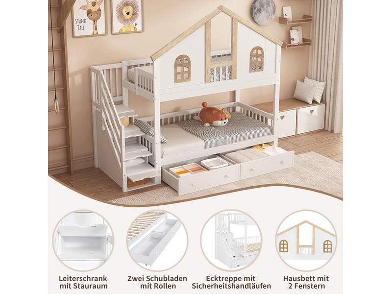  Lit superposé enfant 90x200 cm – blanc et naturel – escalier avec rangement et 2 tiroirs à roulettes  - Conforama E