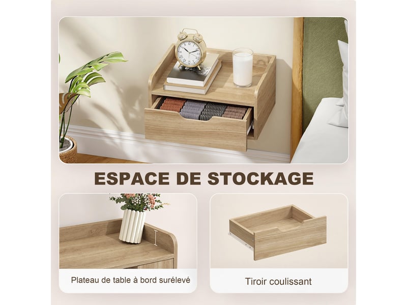 Lot de 2 tables de chevet murales, tables de nuit avec tiroir et plateau à rebords surélevés, bois naturel, 40x30x19,5cm  - Conforama R