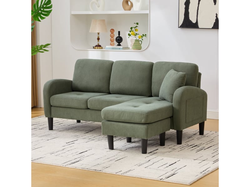 Canapé d'angle en l modulable avec méridienne réversible, canapé 3 places vert en velours côtelé respirant, 166x118x77 cm, idéal pour petit espace. - Conforama W