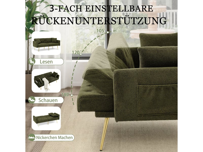  Canapé droit 2 places à dossier réglable  - coussins inclus, tissu bouclé, pieds métal - vert  - Conforama E