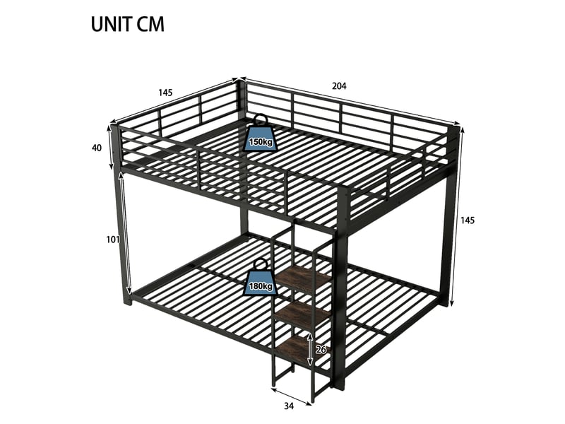  Lit superposé, 140x200 cm, sommier à lattes, garde corps de sécurité, matelas non inclus, bois et métal, coloris noir  - Conforama C