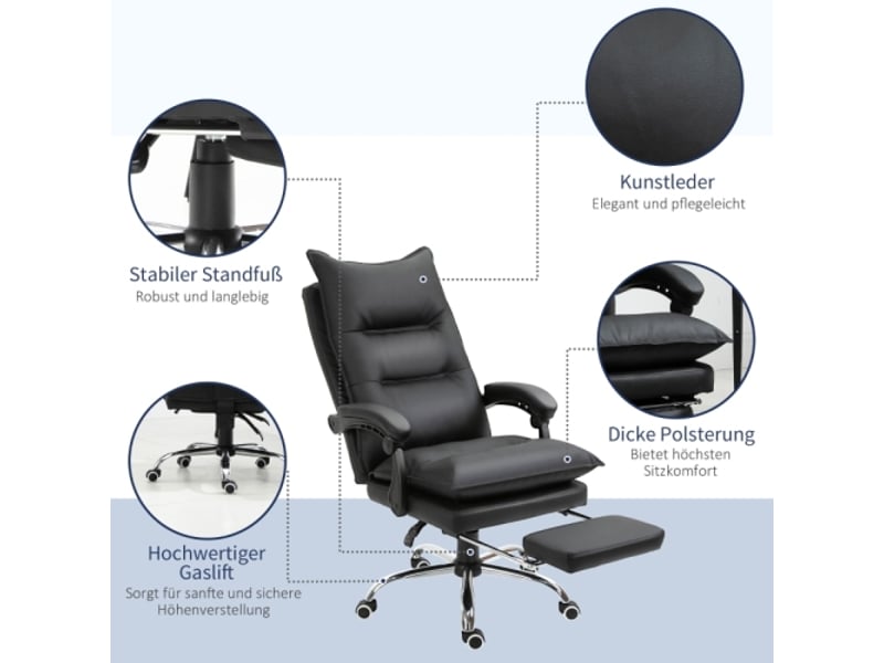  Chaise de bureau avec repose-pieds, similicuir noir, réglable, 66x72x122-130 cm  - Conforama B