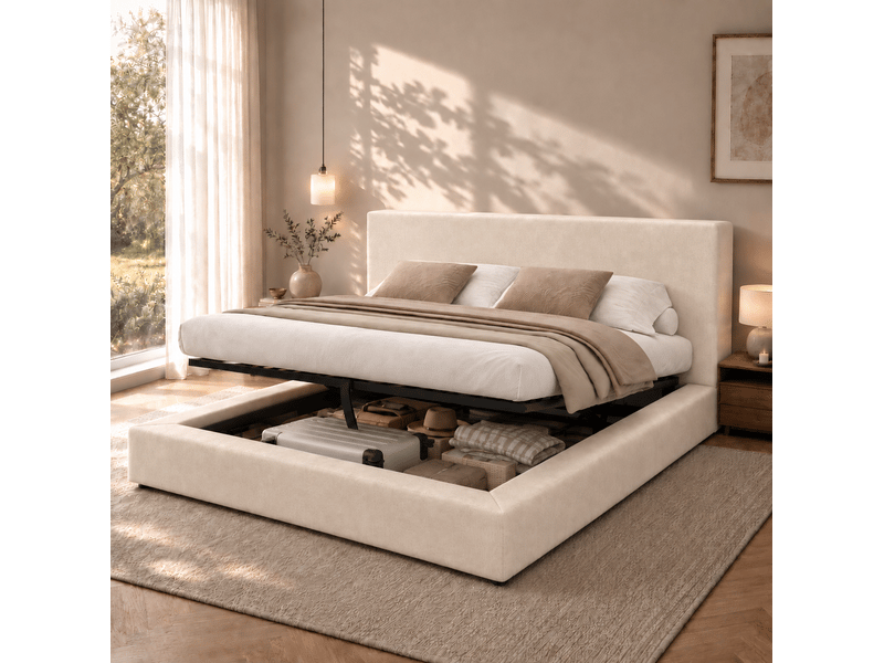  Lit coffre double 180x200 cm en chenille à ouverture hydraulique avec sommier à lattes beige chicfurn  - Conforama B