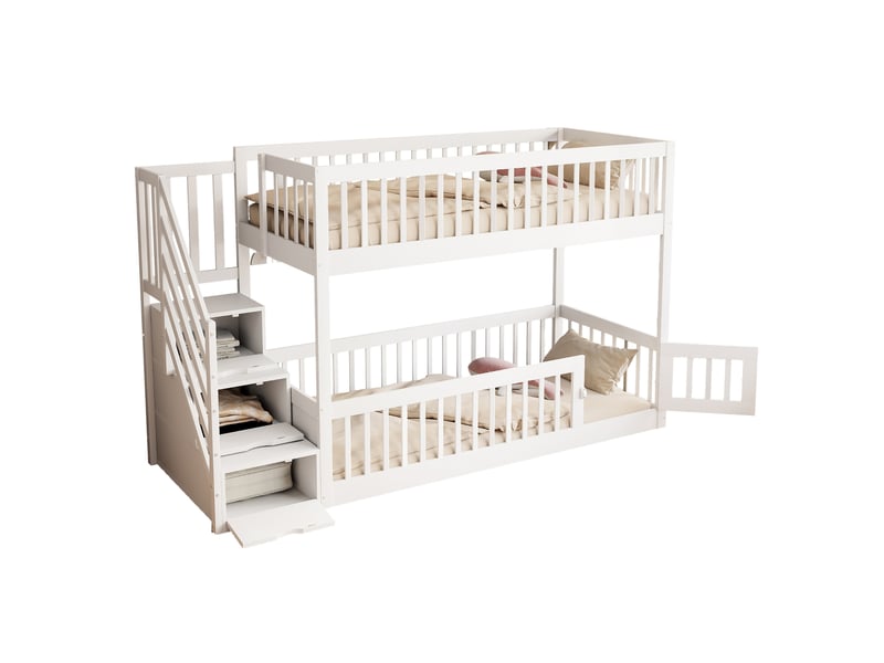 Lit superposé 90x200 cm avec barrières de sécurité, échelle avec tiroirs et 1 sommier, en bois, blanc, sans matelas - Conforama E
