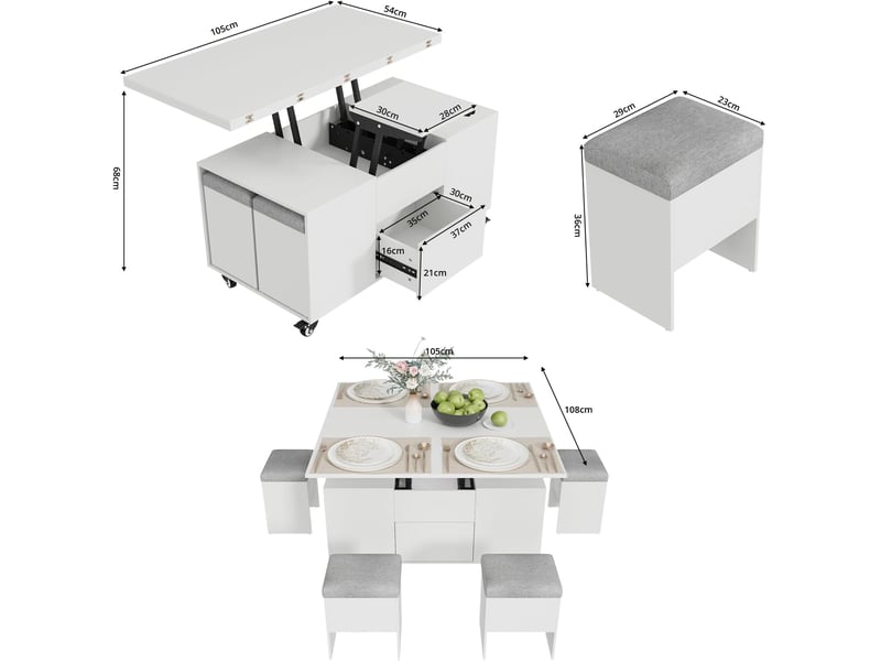 Table basse relevable, table de salon multifonctionnelle 4 en 1, table basse convertible en table à manger, 108l x 105p x 68h cm (blanc) - Conforama C