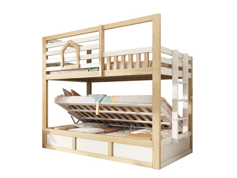Lit superposé cabane 2 couchages 90x200 cm blanc et bois avec coffre Fay Lum - Conforama A