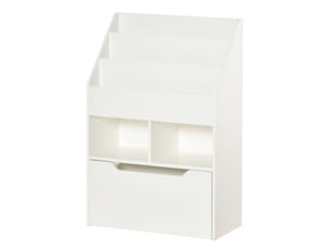 Bibliothèque enfant blanche, tiroir, 3 étagères et 2 niches ouvertes, rangement, 60x29,9x90 cm