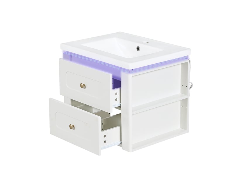 Meuble vasque mural blanc brillant 61 cm avec lavabo céramique, led, tiroirs et étagère latérale réglable - Conforama E
