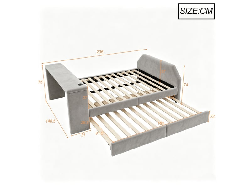 Lit jeune, coloris gris, matière velours, couchage 140x200 cm, dimensions : 236 x 148.5 x 75.5 cm - Conforama C