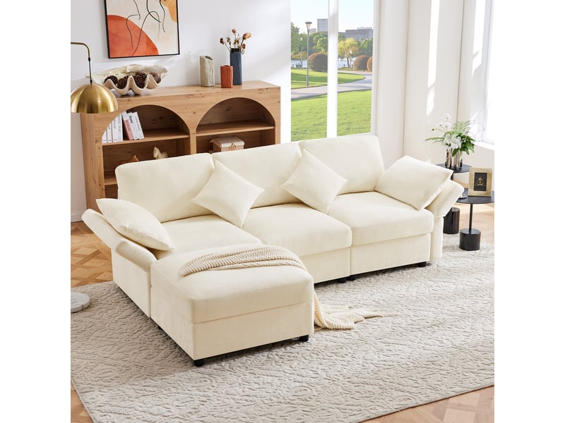  Canapé d'angle, canapé convertible, 3 places, en tissu chenille, beige, adapté à l'espace de vie, avec pouf  - Conforama D