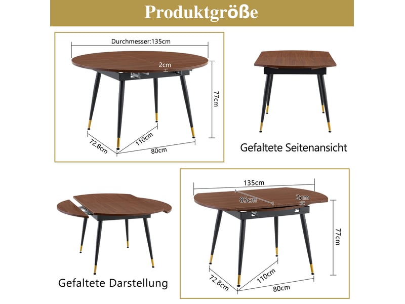 Table à manger extensible, table ronde à ovale, table salon design, plateau mdf, finition noyer, pieds métal dorés - Conforama C