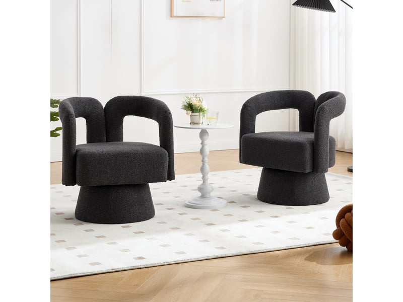  Fauteuil pivotant en bouclette avec assise rembourrée, dossier enveloppant et base métallique, gris foncé  - Conforama D