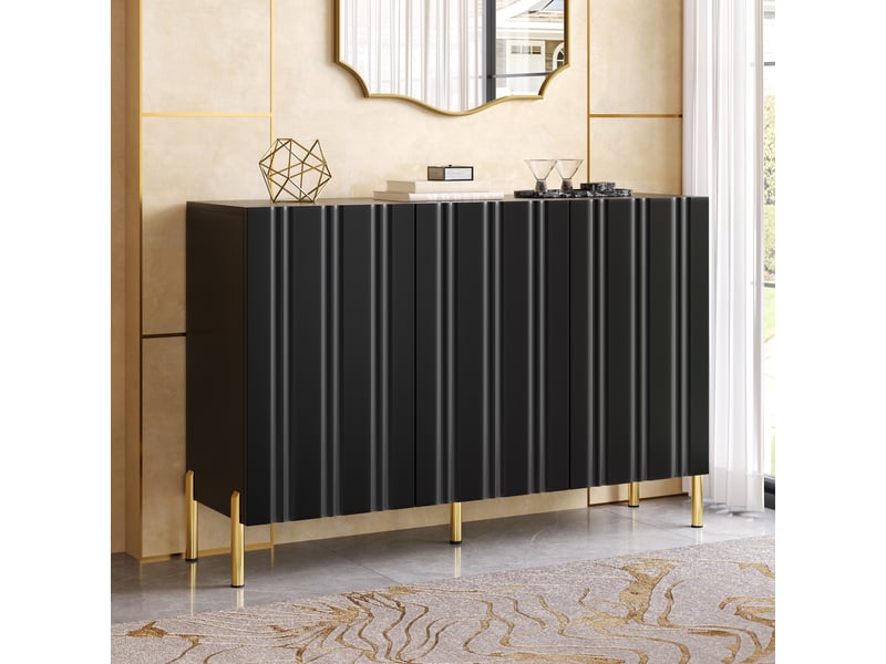  Buffet de salon - 120x35.5x80cm - 3 portes rainurées étagères réglables et pieds dorés en métal - noir  - Conforama B