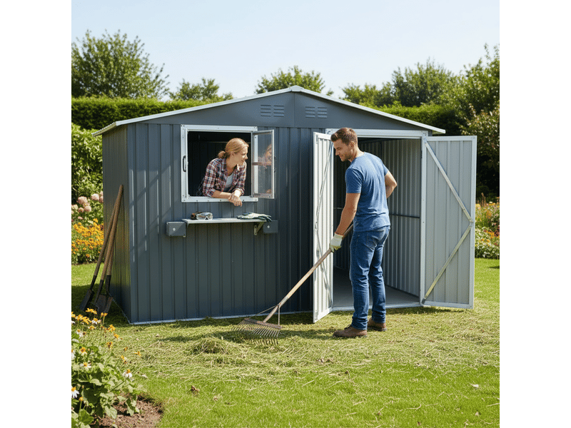  Abri de jardin métal 7m2 gris anthracite, cabanon acier galvanisé étanche avec fenêtres et portes verrouillables, 313x255cm  - Conforama C