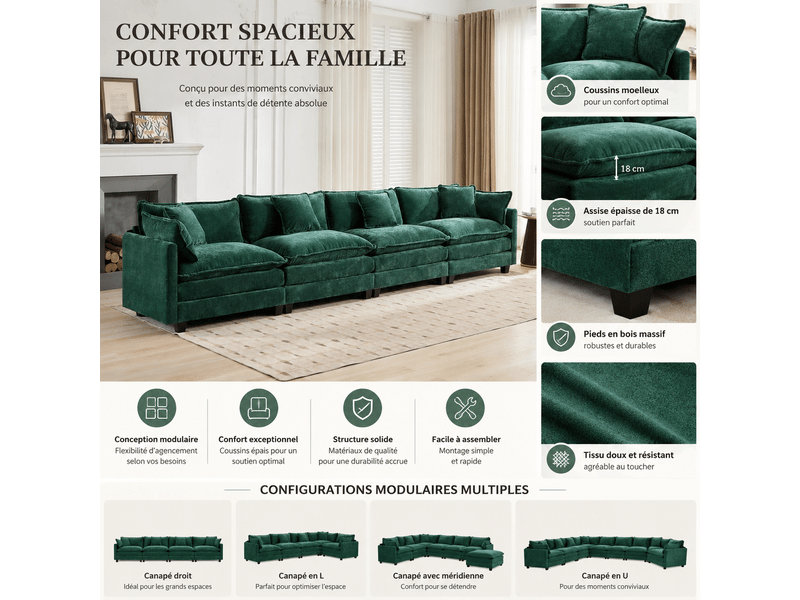  Canapé nuage 4 places moderne en chenille respirante coussins double couche vert  - Conforama D
