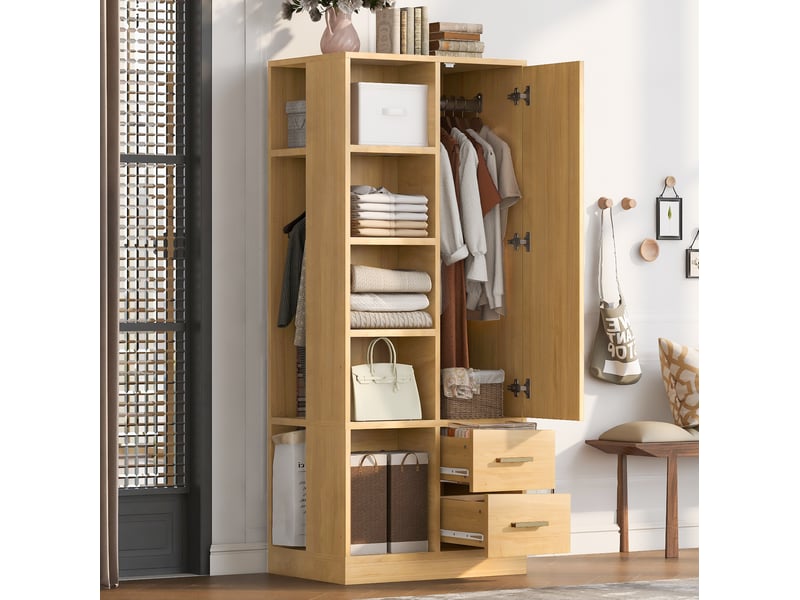  Armoire tcqpz 70 x 50 x 170 cm une porte avec plusieurs étagères, deux barres de penderie et deux tiroirs, bois  - Conforama B