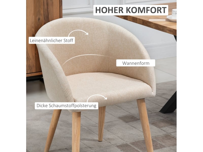  Chaise de salle à manger lot de 2 rembourrées avec pieds réglables, structure en métal, tissu aspect lin beige  - Conforama E