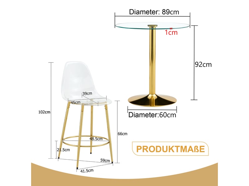  Ensemble table de bar avec 2 tabourets transparents, table haute ronde en verre de 89 cm, structure dorée avec repose-pieds  - Conforama E
