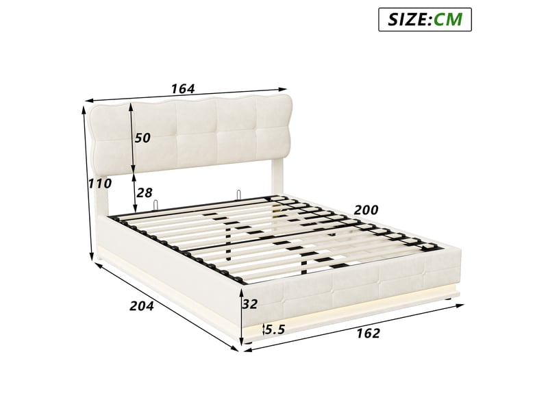  Lit 160 x 200 avec sommier, tête de lit rembourrée ondulée, rangement hydraulique, bande lumineuse led, velours beige  - Conforama C