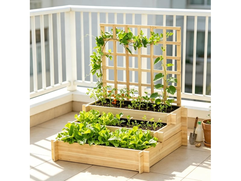  Jardinière surélevée 3 niveaux en bois avec treillis, 95 x 95 x 110 cm, pour cultiver fleurs et herbes  - Conforama B