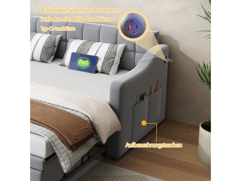 Canapé-lit convertible 90/180x190 cm, velours gris clair, ports usb, sans matelas - Conforama D