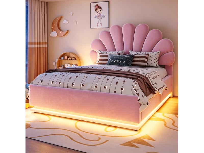  Lit coffre 140 × 200 cm 2 places avec éclairage led réglable et tête de lit fleurie, sans matelas, rose velours  - Conforama C
