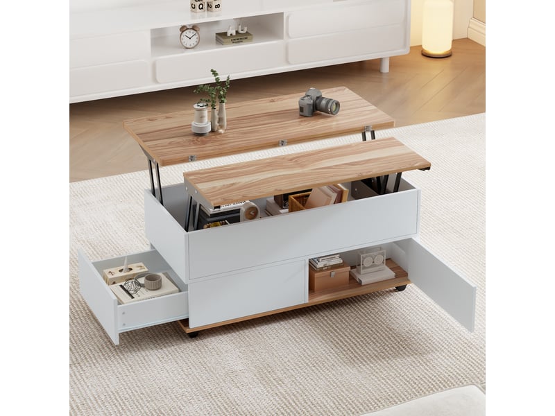  Table basse relevable blanche et bois 100x98 cm, table de salon avec rangement caché et roulettes  - Conforama W