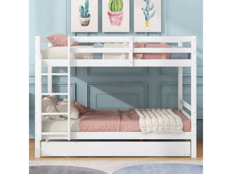  Lit superpose avec rangement enfant 140×200 cm blanc, lit triple avec lit tiroir, barrières de sécurité hautes, escalier robuste  - Conforama D