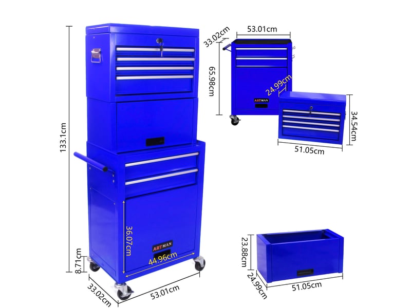  Meuble de rangement à 6 tiroirs avec serrure et 4 roulettes pour garage et atelier en acier bleu  - Conforama B