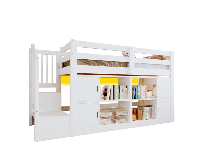  Lit mezzanine 90 × 200 cm 1 place avec rangements, étagères et led réglable, sans matelas, en bois blanc  - Conforama A