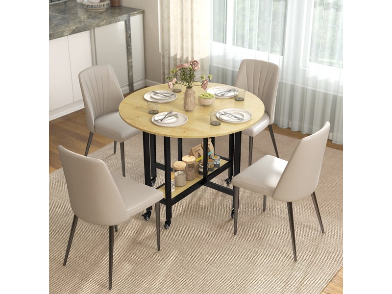 Table à manger pliante sur roulettes, table de cuisine pour 4 personnes avec étagère intégrée, 100 x 100 x 75 cm, chêne - Conforama C