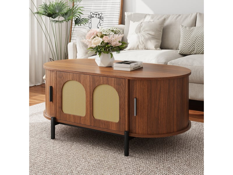  Table basse ovale 100x50x40 cm à portes coulissantes en mdf, rotin et métal noir noyer  - Conforama D