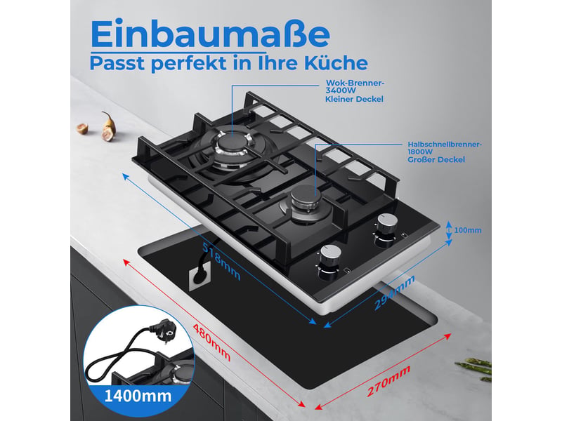 Plaque de cuisson gaz 2 feux, plaque gaz encastrable 30 cm en verre trempé noir, brûleur wok, 5200 w, gaz naturel ou propane - Conforama C