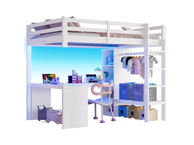  Lit mezzanine 140x200 cm avec bureau intégré, rangements multifonctions, led et usb bois mdf blanc sans matelas  - Conforama A